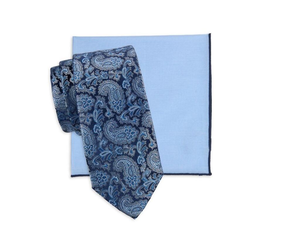 $135 NWT Hickey Freeman Blue Paisley 2-Piece Silk Pocket Square & Tie Set
